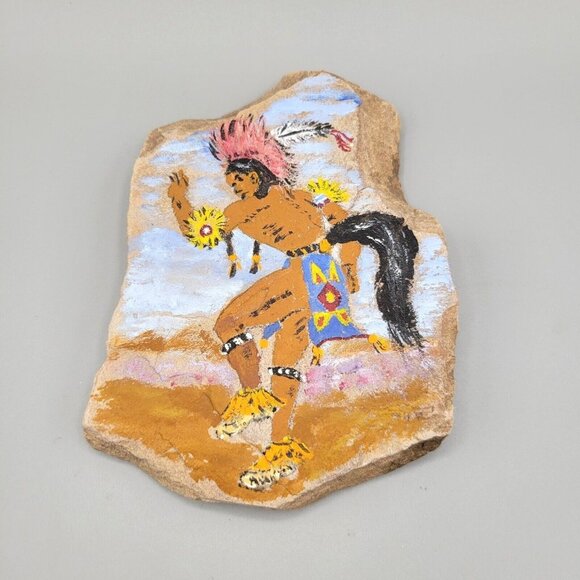 Vivian Chapman Other - Native American Horse Tail Dancer Acrylic Painting on Rock Artist Signed